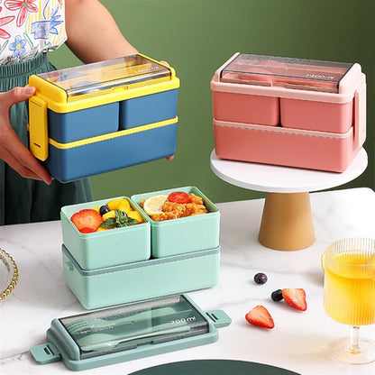 Double-Layer Lunch Box With Fork and Spoon (1400ml)